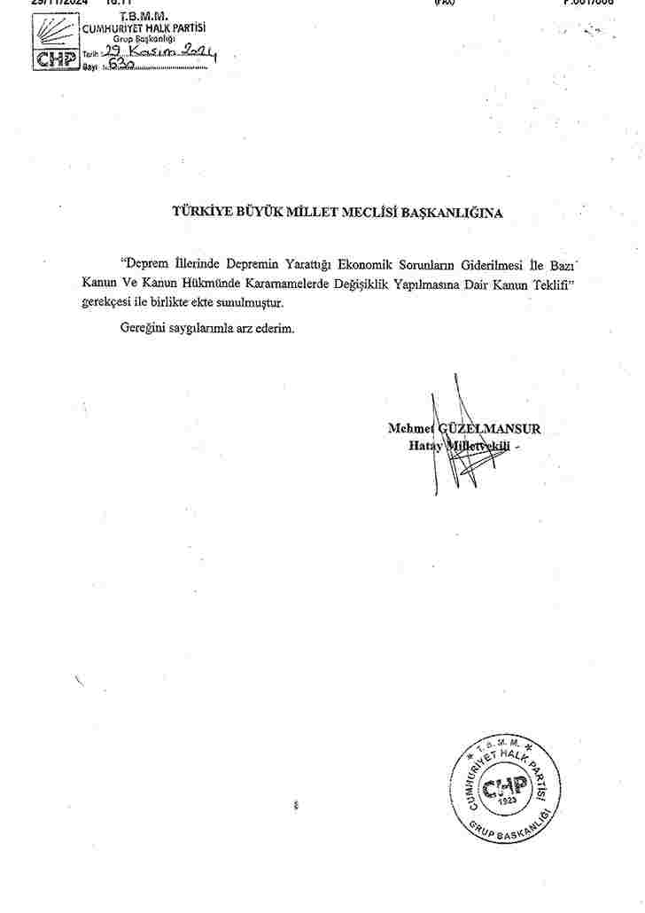 CHP’DEN DEPREM İLLERİ EKONOMİSİ İÇİN KANUN TEKLİFİ